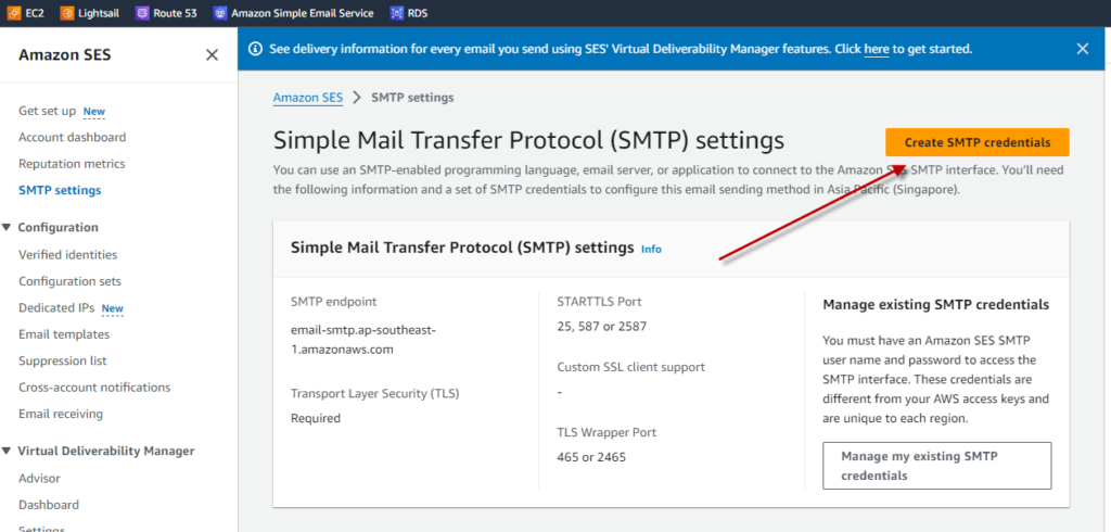amazon SES create SMTP Credential